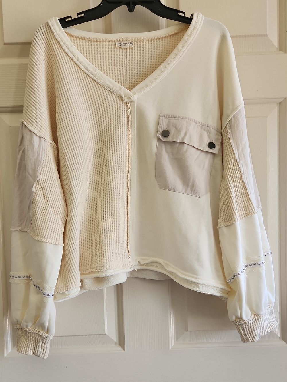 POL  Boutique Boho Oversized Cream Patchwork Waffle-Knit Studded Sweatshirt